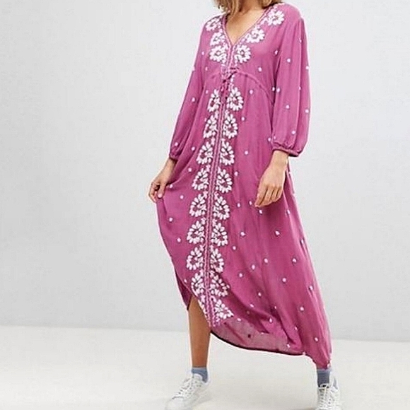 NEW🌺 Free People Embroidered Floral Fable Midi Dress Pink Ivory XS - Picture 5 of 13